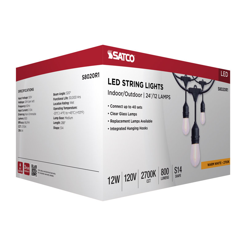 24 Foot LED String Light 12-S14 Lamps 2700K CCT Black 120V