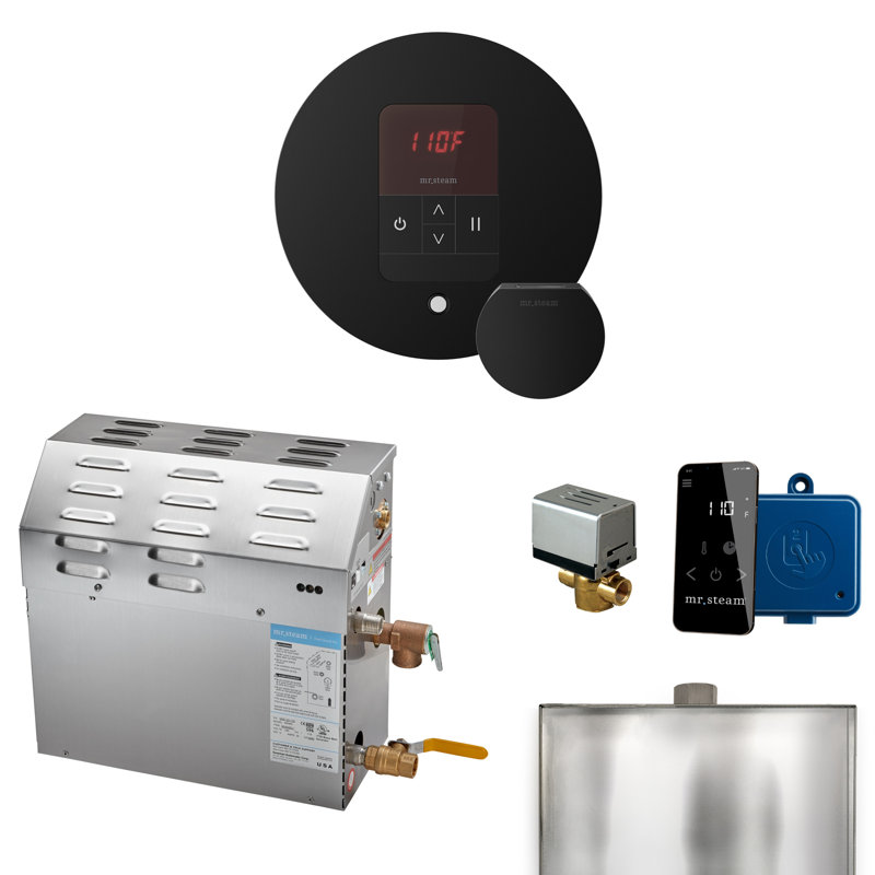 MS 9 kW (9000 W) Steam Shower Generator Package with round iTempo Control and Accessories, Matte Black