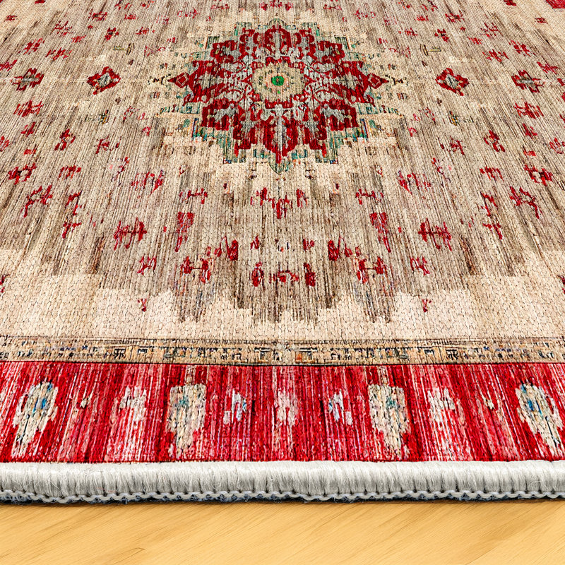 Marisol Burgundy Beige Oriental Machine Printed Cotton Polyester Area Rug, Square 5'3"