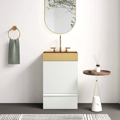 Meuble-lavabo rayé de 20 po avec lavabo vasque en métal doré brossé intégré, armoire de salle de bain autoportante pour salle de bain moderne, lavabo une pièce en métal doré sans robinet