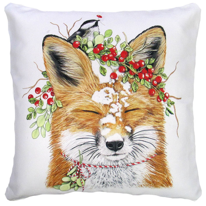 Coussin - Renard avec oiseau et baies - 18 x 18