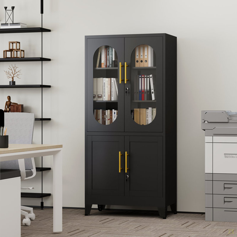 Classeur décoratif à 3 niveaux avec serrure et tablettes réglables, Noir