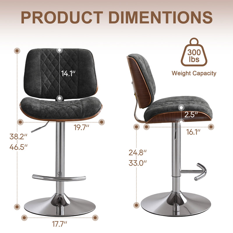 Swivel Adjustable Height Bar Stool, Chenille Fabric Seat with Metal Frame for Kitchen Counter, Modern Black, Black, 1