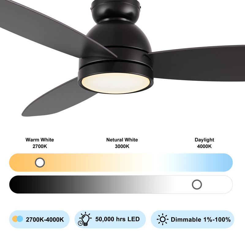 Smart DC Motor Ceiling Fan with LED Light, Remote Control, Flush-Mount, Black, 52"