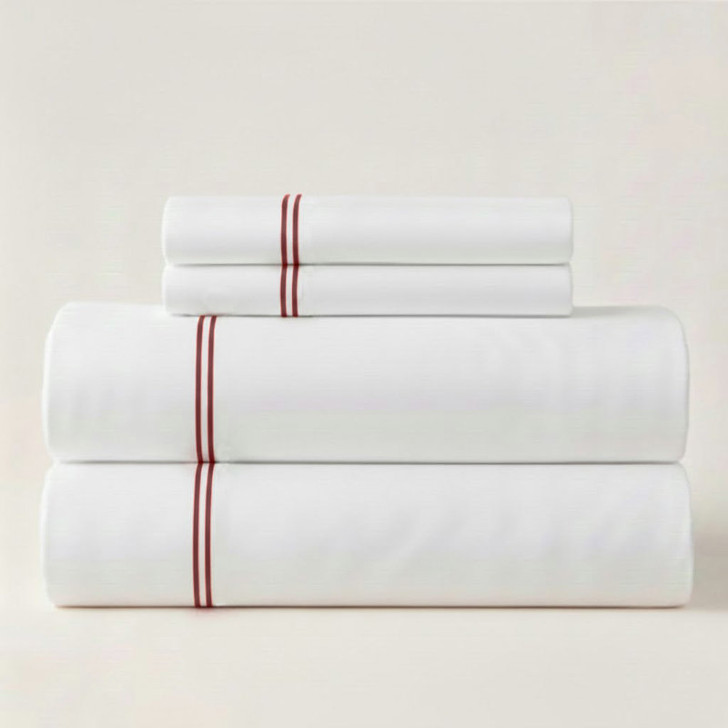 500TC Cotton Double Embroidery Sateen Solid Cotton 4 Piece Sheet Set Fitted Sheet Fits Upto 16" Deep Pocket, Burgundy Border