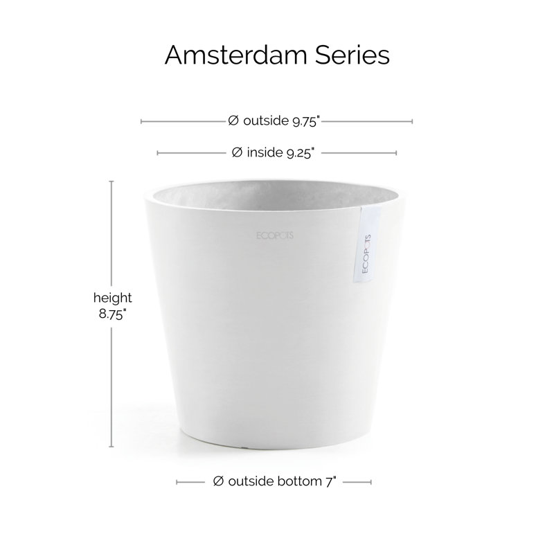 Ecopots Indoor/Outdoor Modern Round Recycled Plastic Planter Flower Pot, 10.3" H x 11.8" W x 11.8" D, Pure White, No