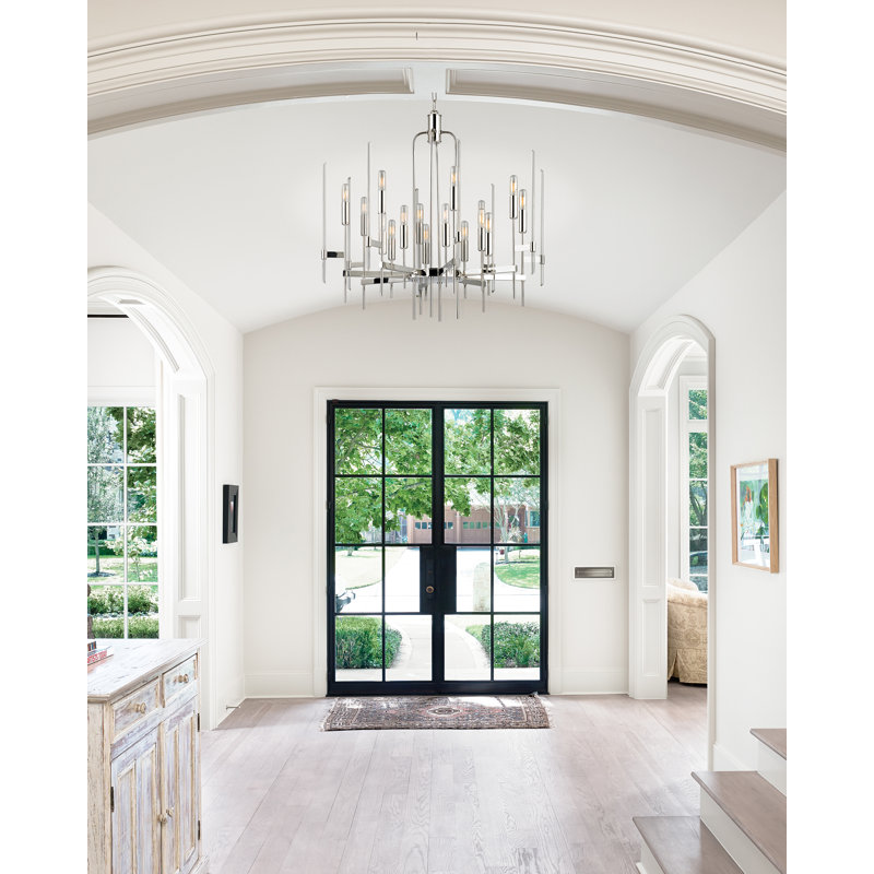 Polished Nickel 16-Light Crystal Chandelier with Glass Shades