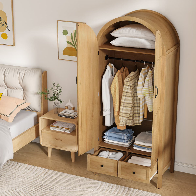 Armoire penderie avec 2 portes arquées cannelées, armoire avec 2 tiroirs, armoire avec tablettes et tringle pour chambre à coucher