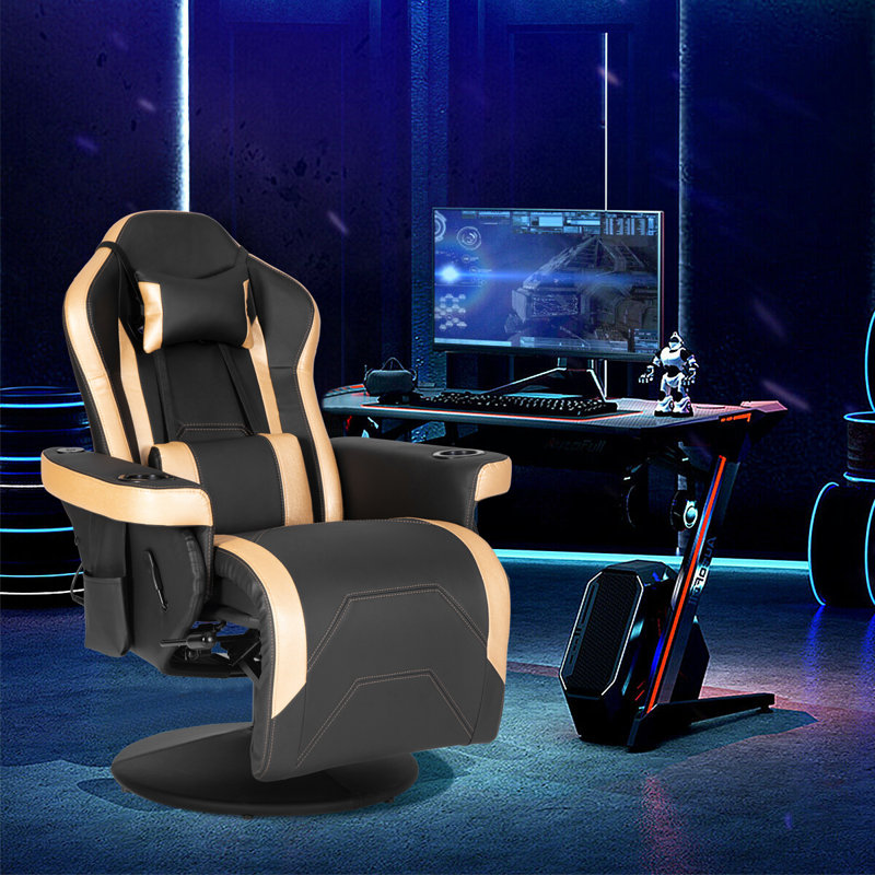 Inbox Zero Adjustable Reclining Ergonomic Swiveling PC & Racing Game Chair with Built-in Speakers and Footrest, Gold