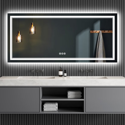 LED Lighted Bathroom Mirror: Front and Backlit, Tempered Glass, 3 Colors, Dimmable, CRI 90+, Defog