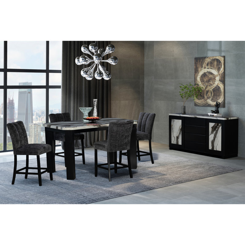 Table rectangulaire gris foncé, base à 4 pieds, plateau épais, 6 sièges, table de bar moderne attrayante avec forme, 6 pour la salle à manger