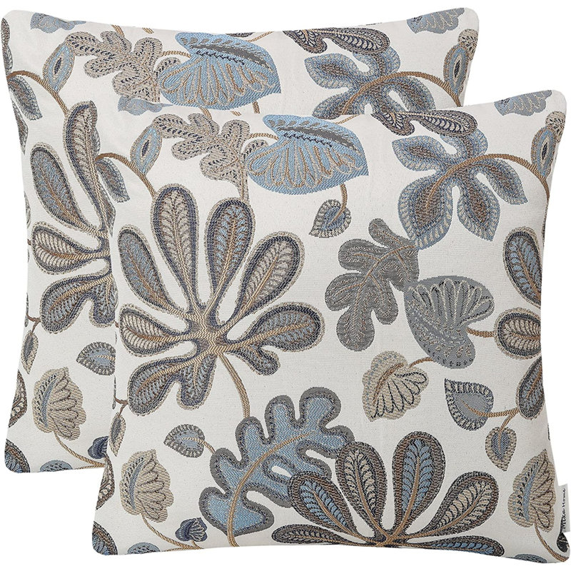 Set Of 2 Jacquard Throw Pillow Covers Featuring Tropical Leaf Pattern, 20" x 20", Blue/Cream