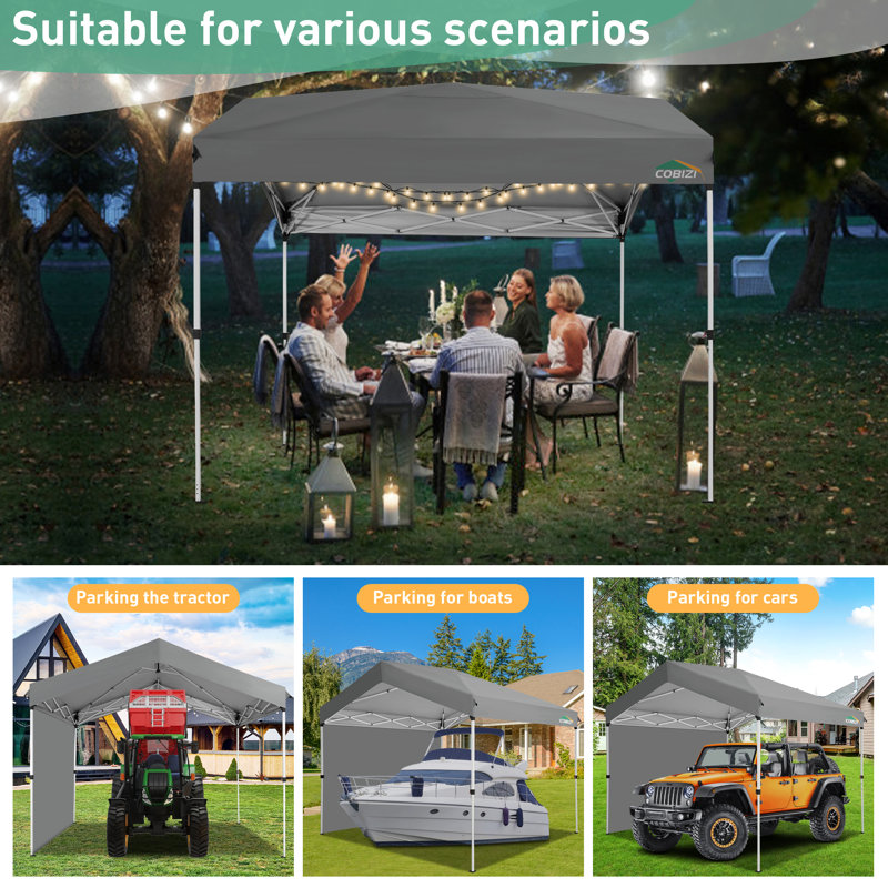 10x10 Carport 10x10 Pop up Canopy with 1 sidewall, Portable Garage,1-Button Push Centre Lock,  Instant Outdoor Carports, Grey