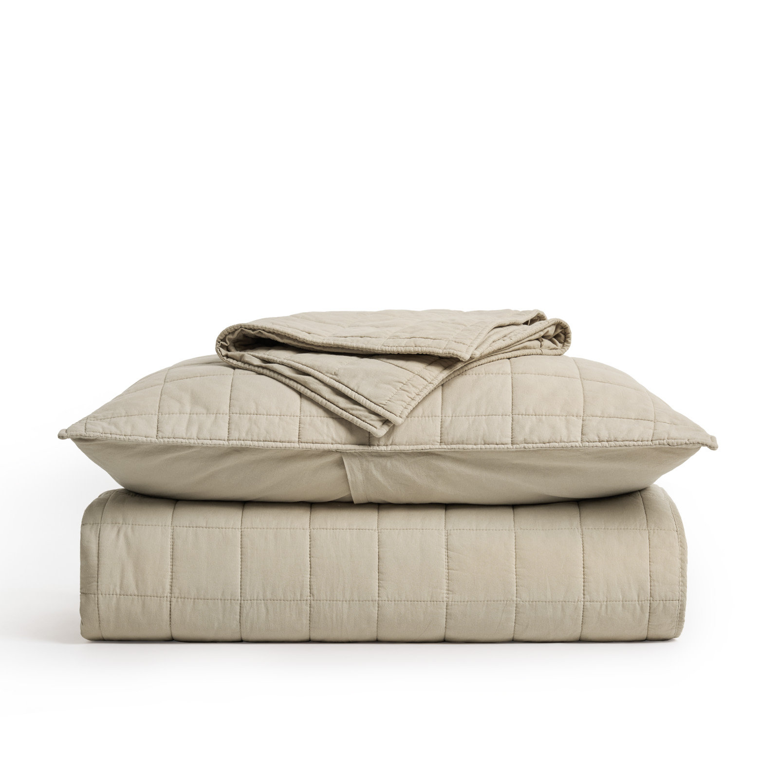 100% Cotton Box Stitch Quilt Set, Khaki Tan, King Quilt + 2 King Shams