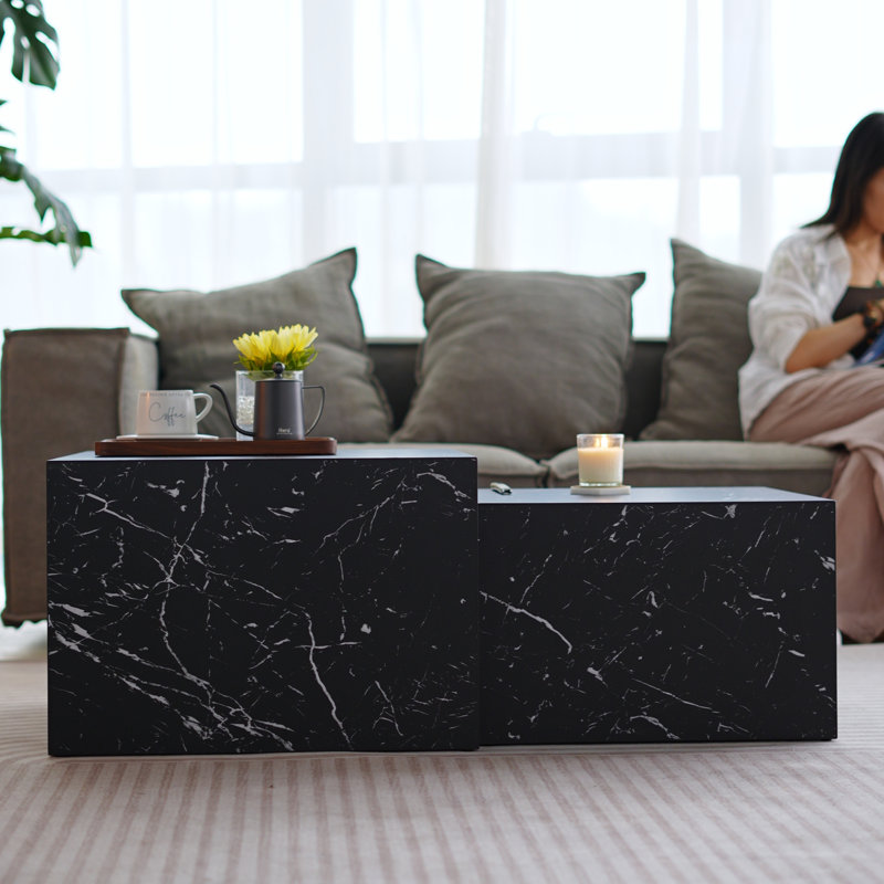 Faux Marble Nesting Coffee Tables - Set of 2 Modern Square Side Tables for Living Room, No Assembly Needed,Marble Black