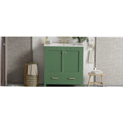 Meuble-lavabo vert 30 po avec lavabo simple, lavabo sous le comptoir, armoire de rangement pour la salle de bain avec 2 portes et un tiroir, fermeture en douceur, rangement multifonctionnel (WF324043)