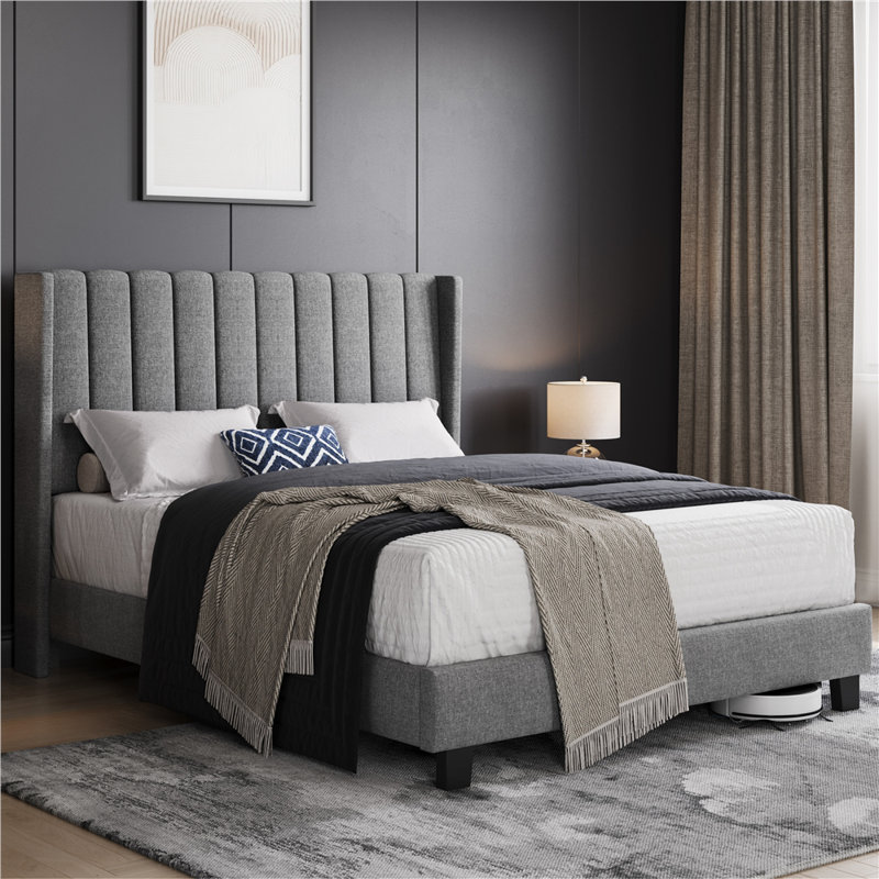 Upholstered Bed Frame with Channel Tufted Headboard, Kingsize (5'), Light Grey