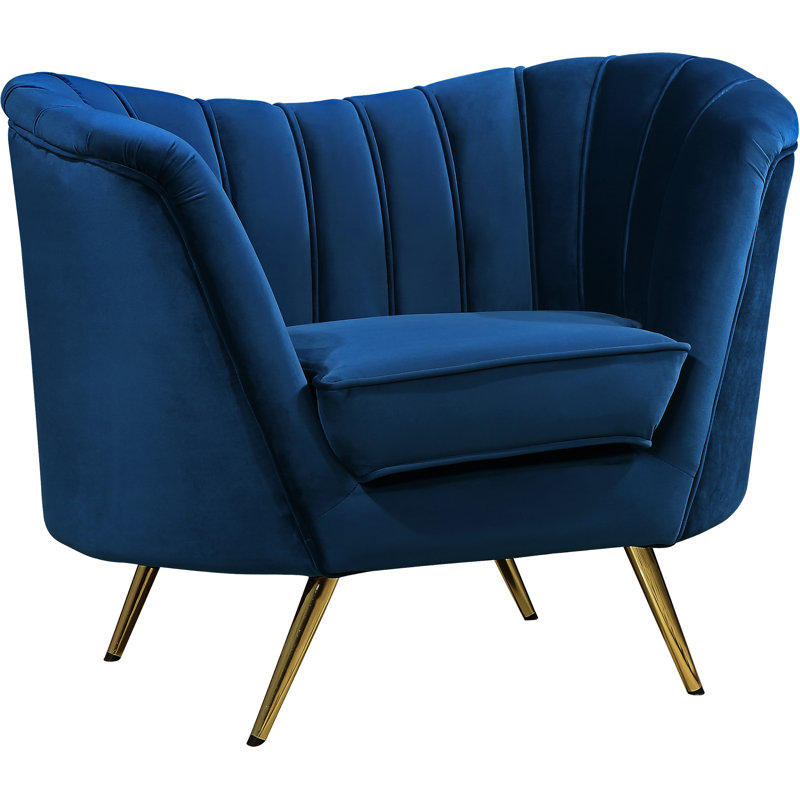 Fauteuil demi-tonneau en velours touffeté de 43 po de large Tiberius, Bleu marine
