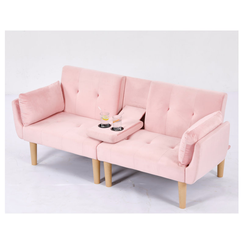Canapé-lit futon Allen de 82 po en velours capitonné, Rose, Naturel