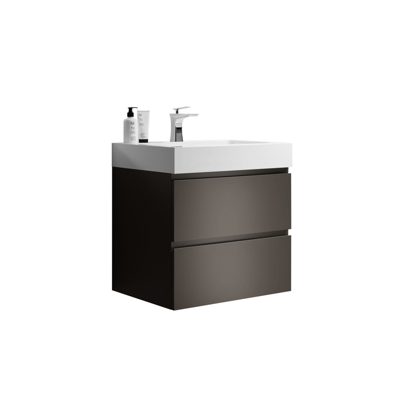 Meuble-lavabo mural 24 po gris avec lavabo, double tiroir de style moderne, araignée silencieuse, non-moderne, tiroirs pratiques, étoile de mer, sophistiqué