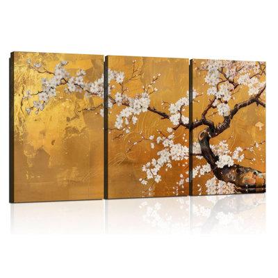 3 Pcs Framed Japanese Golden Plum Blossom Flower Wall Art Decor Canvas Print Picture Traditional Woodblock Print Style Farmhouse Poster Gallery Bedroom Living Room Office 12x16 Inch Ready to Hang