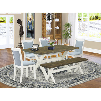 Ensemble de table de cuisine 6 pièces comprenant une table à manger rectangulaire à pattes en X et 4 chaises Parson en lin crème avec banc, 101,6 x 182,9 cm (40 x 72 pouces).