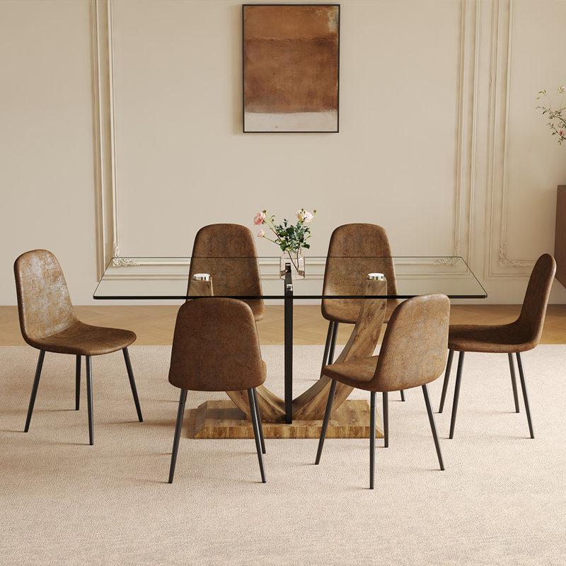 Modern 7-Piece Dining Table Set, 71'' Glass Table with 6 Upholstered Chairs, Rectangular Kitchen Furniture for Space Saving