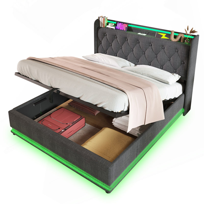 Lit tapissier avec rangement, lumières RVB et ports USB, Simple, Gris
