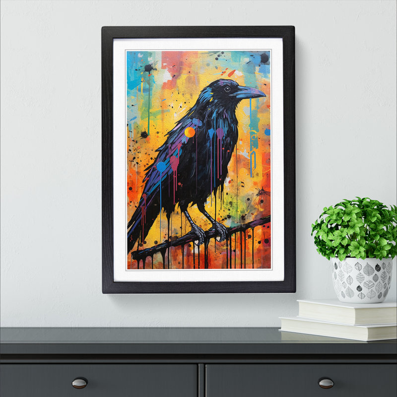 Crow Expressionism - Single Picture Frame Print on Wood, Black, 46cm H x 34cm W x 2cm D