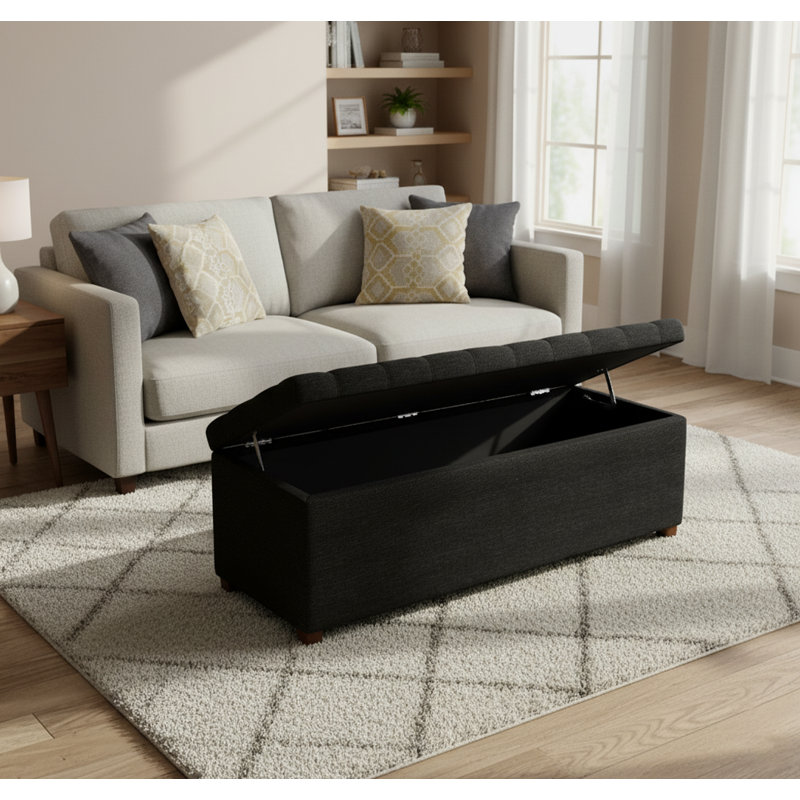 Linoso Chesterfield Storage Ottoman Bench, Tufted Upholstered Footstool with Hinged Lid and Square Wooden Legs, Black Linoso