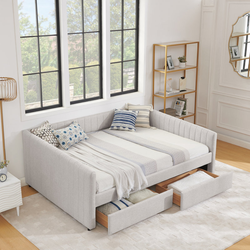 Queen Size Daybed with Two Drawers Trundle Upholstered Sofa Bed, Beige