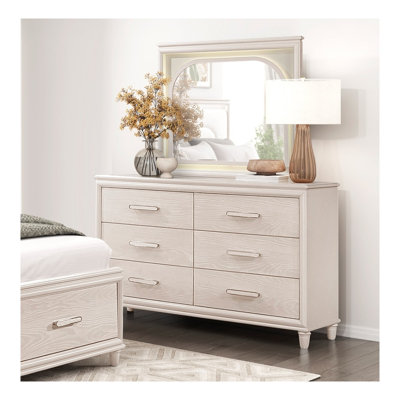 Modern Glam 6 Drawer Dresser with Jewelry Trays - Light Beige Wooden Bedroom Furniture with Chrome Pulls and Dovetail Drawers
