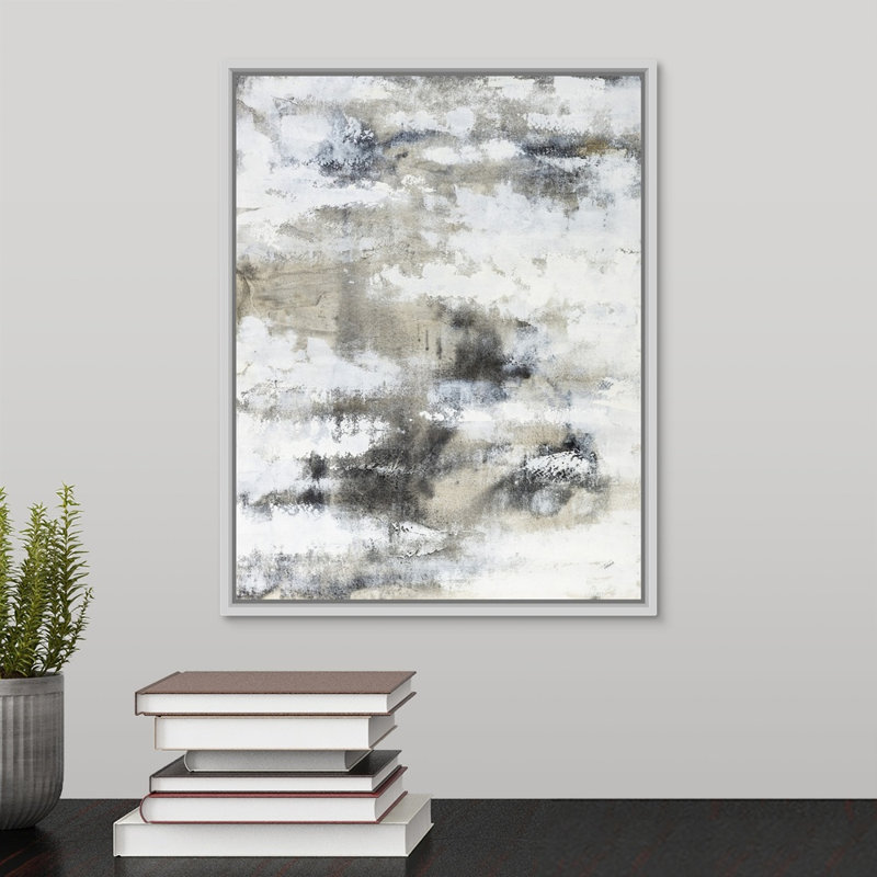 «Graphite and White», peinture sur toile, H 15,7 po x l 12,7 po x P 1,75 po, Cadre flottant blanc