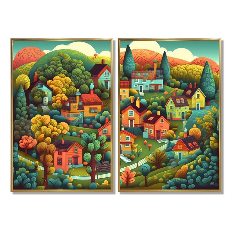 Petite ville village II - Grand paysage, impressions sur toile, 36" H x 48" W, Impression encadrée flottante, Gold