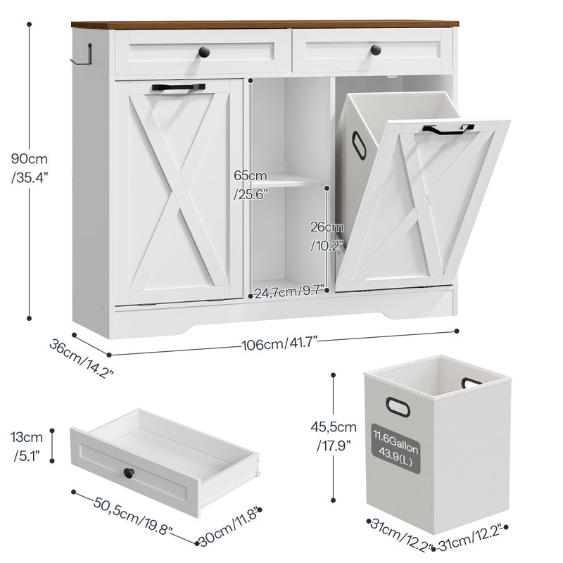 Tilt-out Dual Laundry Hamper Cabinet With With 2 Drawers,2 Baskets And Open Shelving,23.2 Gallon Farmhouse Laundry Storage Basket For Bathroom