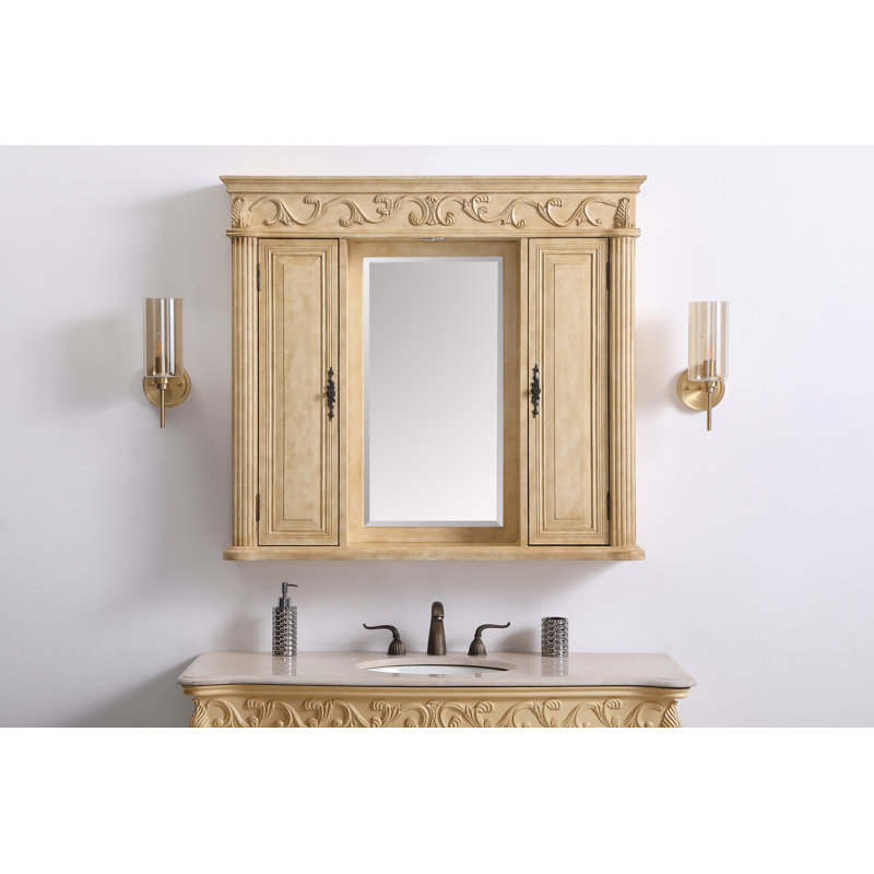 Armoire à pharmacie 2 lumières avec éclairage et prise électrique, H 38 po x l 42 po x P 7,5 po, Brun clair