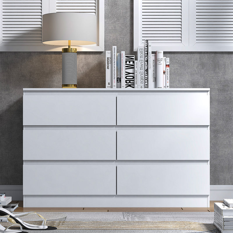FWStyle Stipes 6 Drawer Wide 3+3 Chest Of Drawers - Matt Black, White