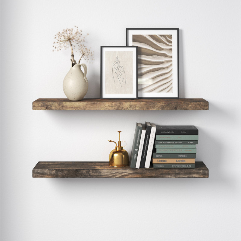 Tablette flottante en bois de pin massif 2 pièces Alouette, H 1,5 po x l 30 po x P 7 po, Noyer