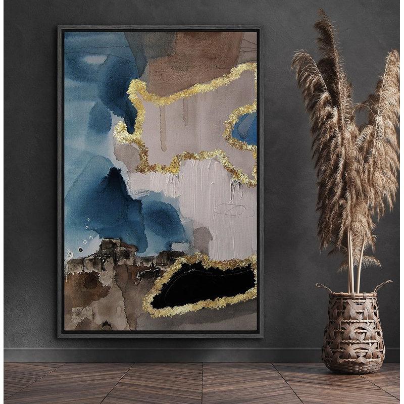 Collage aquarelle abstrait gris et bleu abstrait avec feuille d'or, Noir, H 24 po x l 16 po x P 1,5 po