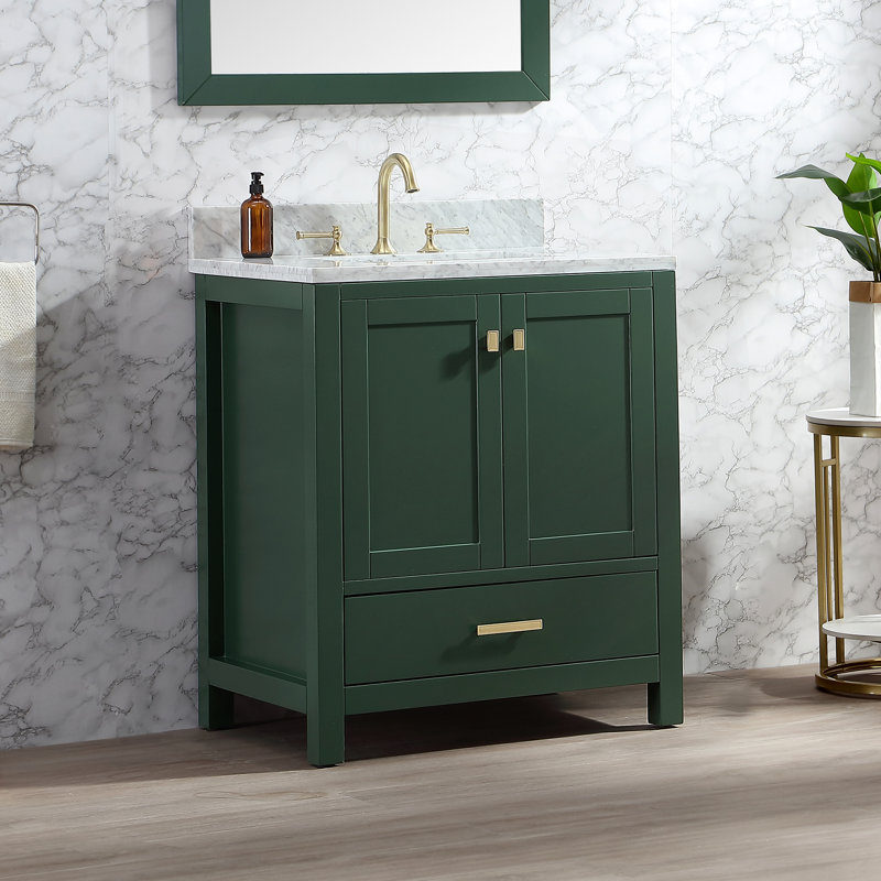 Whitney 30'' Single Bathroom Vanity with Carrara Marble Top, Green, Gold