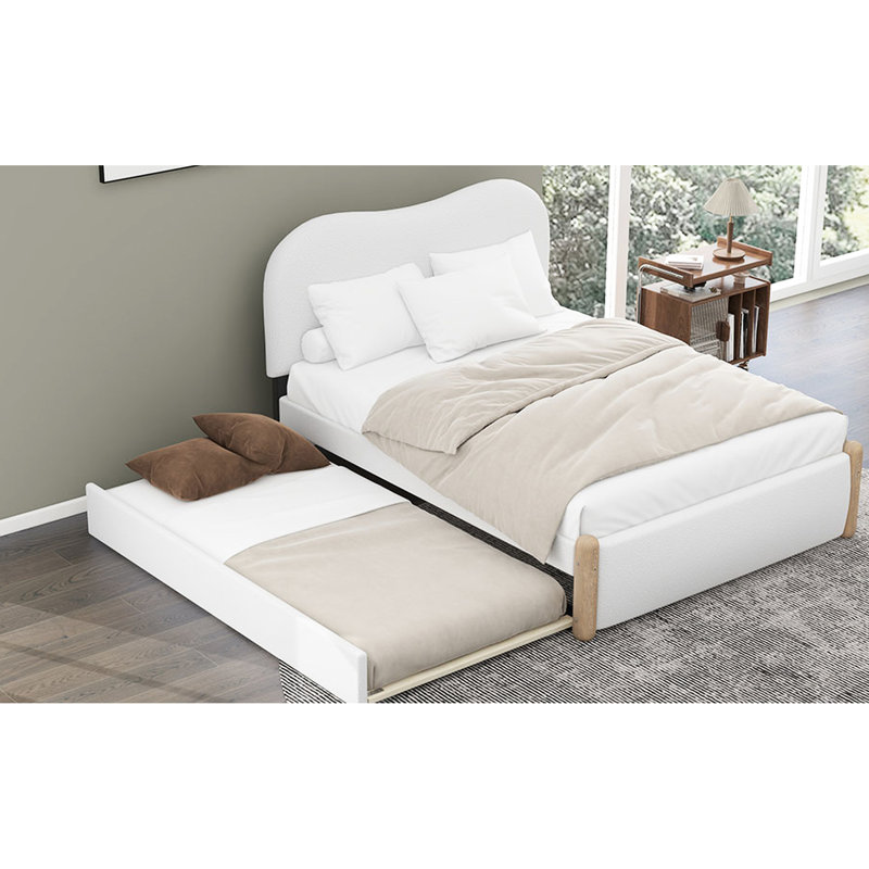 Lit double tapissier double avec lit gigogne, polaire blanc pour lit gigogne et bois de pin, tête de lit Better Sleep, Blanc