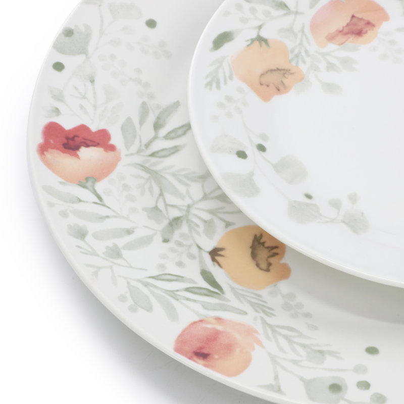  Service de table en porcelaine 18 pièces Poppy, service pour 6, Fleurs pêche et blanches