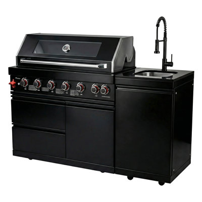 Barbecue de cuisine 82 pouces avec 6 brûleurs, 85000, fabrication en acier inoxydable et réfrigérateur élégant Porte de réchaud à gaz en verre, lumières halogènes, comptoir en granit noir