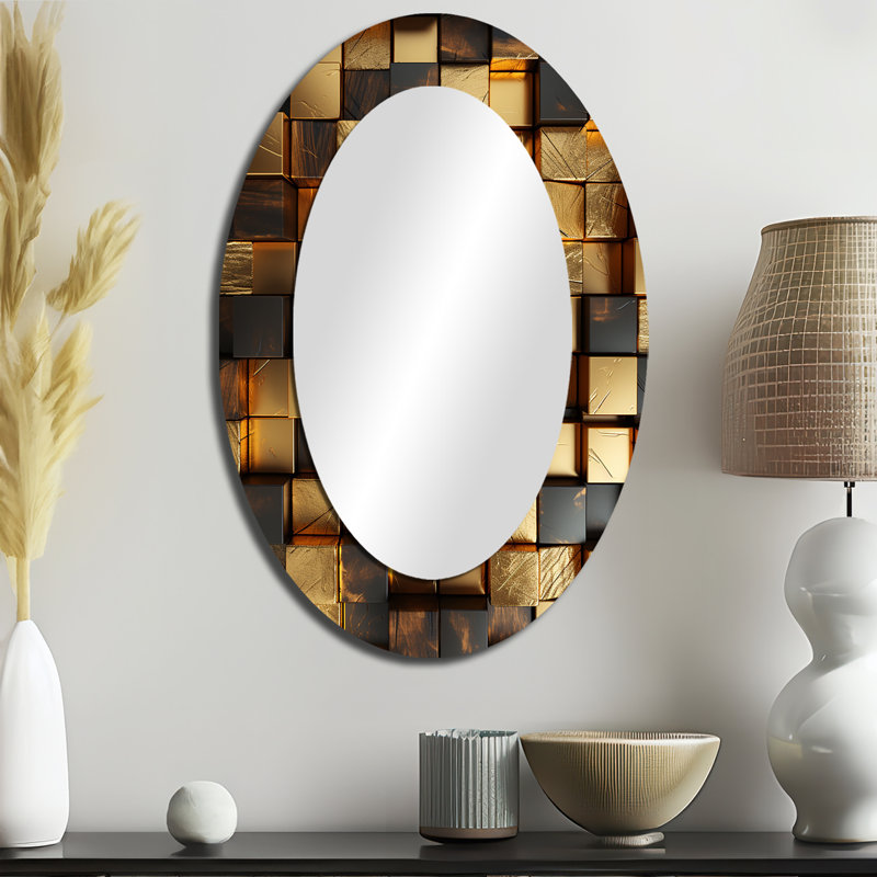 Black And Gold Abstract Cubes I - Abstract Oval Decorative Mirror On Metal, 36" H x 24" W