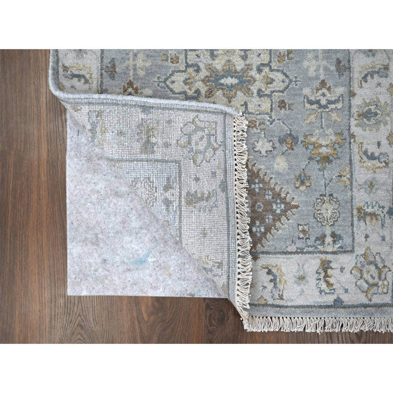 2'7"x6' Flannel Gray Karajeh Geometric Design Hand Knotted Shiny Wool Rug 70439265DCBF441BB7B725C40AE1F36D