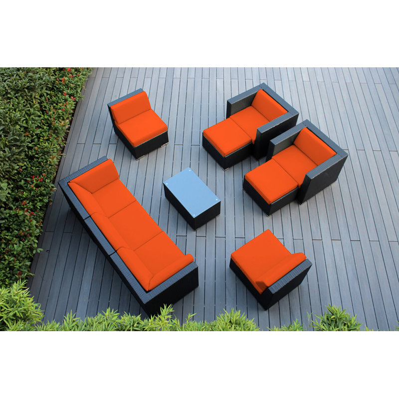 Kiara Wicker 7 - Person Seating Group with Cushions - No Assembly, Canvas Tuscan Sunbrella® Canvas, Black