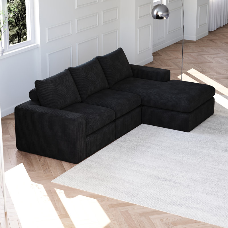 Canapé modulaire en velours côtelé en forme de L de 99 pouces avec installation à double coussin, fonction de soutien pour oreiller de cou, particules d'éponge à haute densité à rebond lent, armature en fer, aucune installation,