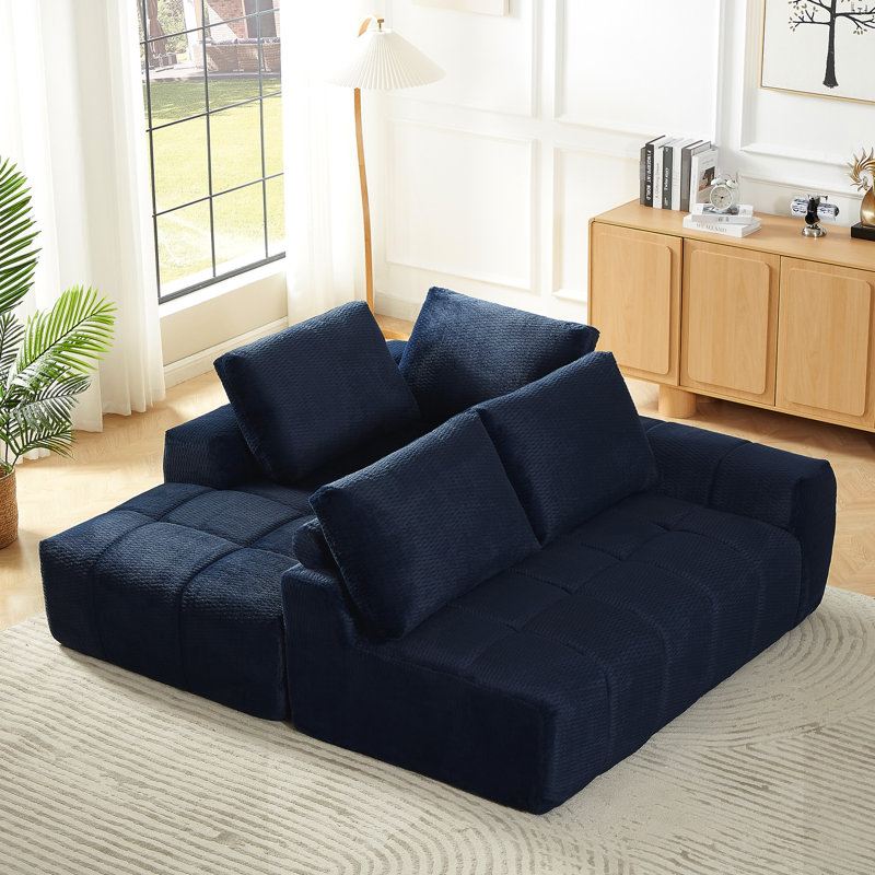 Canapé modulaire de luxe en fausse fourrure en L surdimensionné au design minimaliste, canapé-lit confortable pour le salon, les appartements et les espaces de réception, bleu foncé, 4 sièges, tissu doux pour la peau, surface, poche en éponge