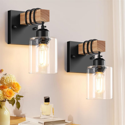 3-Lights Wood Bathroom Vanity Light With Clear Glass Shades