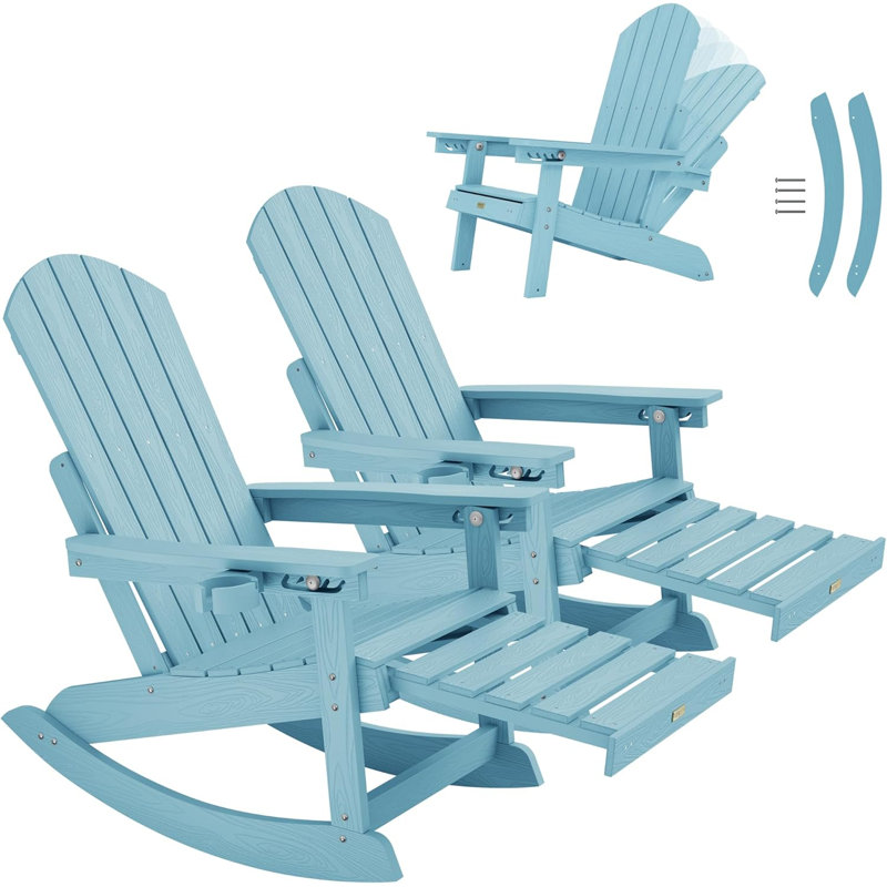 2-Pack Outdoor Adirondack Chair with Footrest, 5-Position Adjustable Backrest and Retractable Ottoman, High-Back Patio Rocking Chair, Heavy-Duty HIPS Material with Wood-Grain Finish, 400 lbs Weight Capacity, Blue
